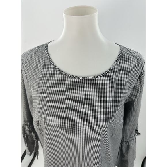 J.Crew Women’s Gingham Bell Sleeve Blouse Top Black White Check Size M Cotton - Picture 2 of 9